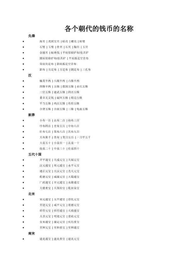 各个朝代的钱币的名称